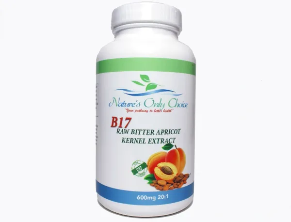 A bottle of B17 apricot kernel extract capsules for immune support.
